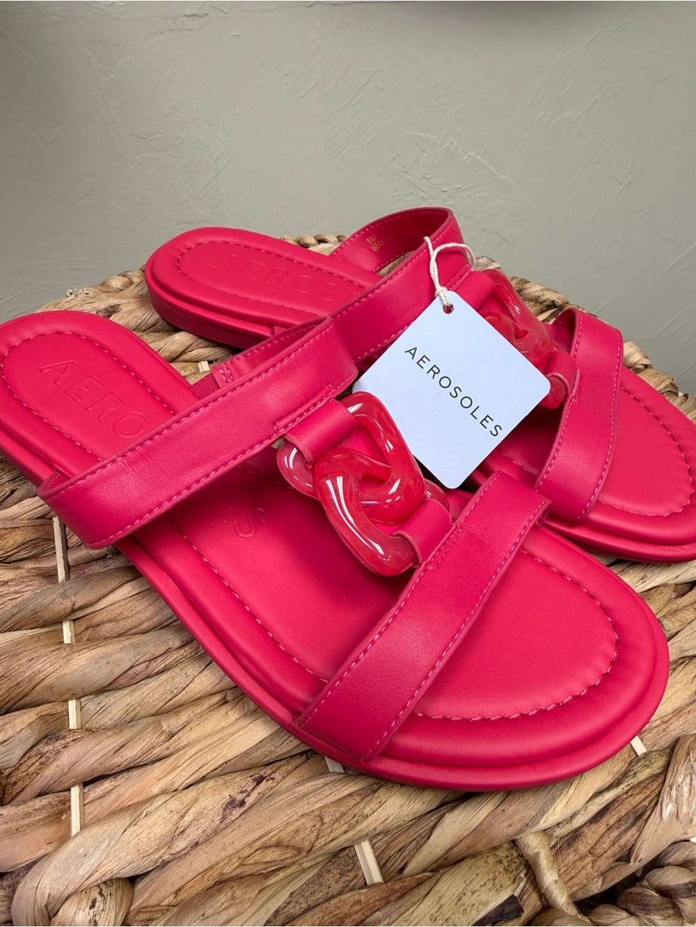 AEROSOLES Hot Pink Chain-Link Double Strap Slide Sandals 8 US NEW